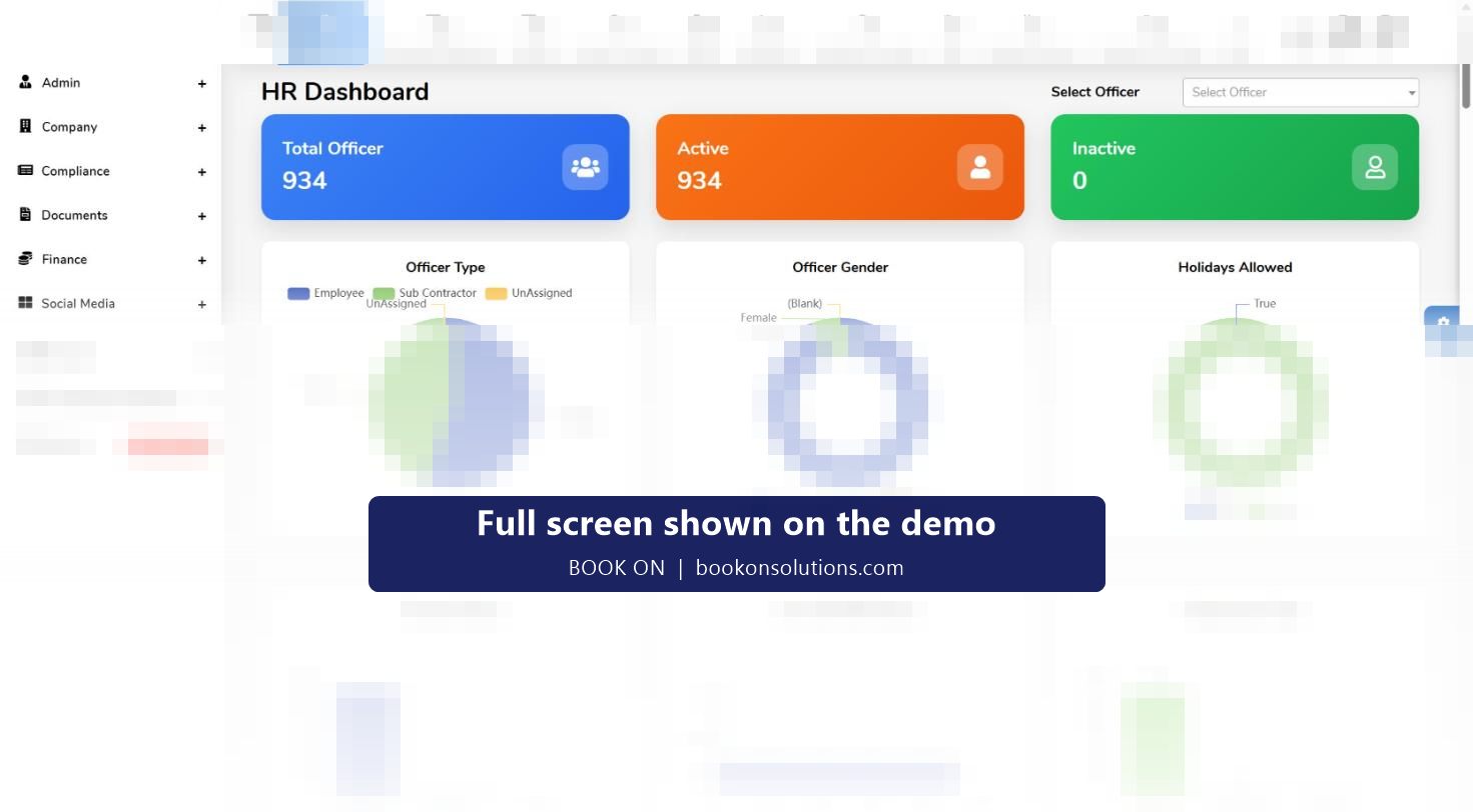 BOOK ON HR dashboard with officer totals and charts for officer type, gender, holidays allowed, banned status, BS 7858 form status and employment type
