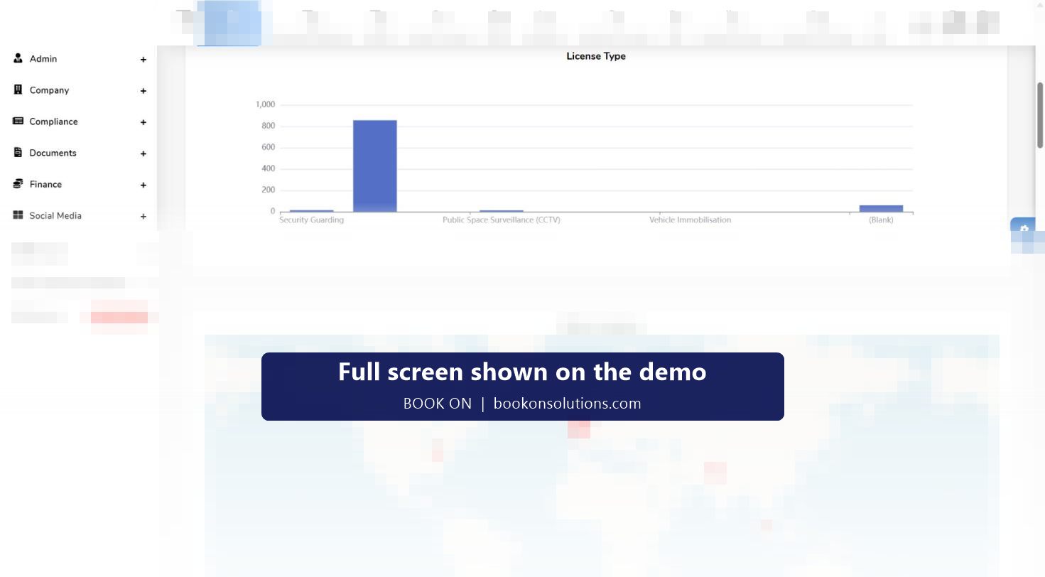 BOOK ON HR dashboard with a licence type chart and an officer locations map showing the workforce across the UK