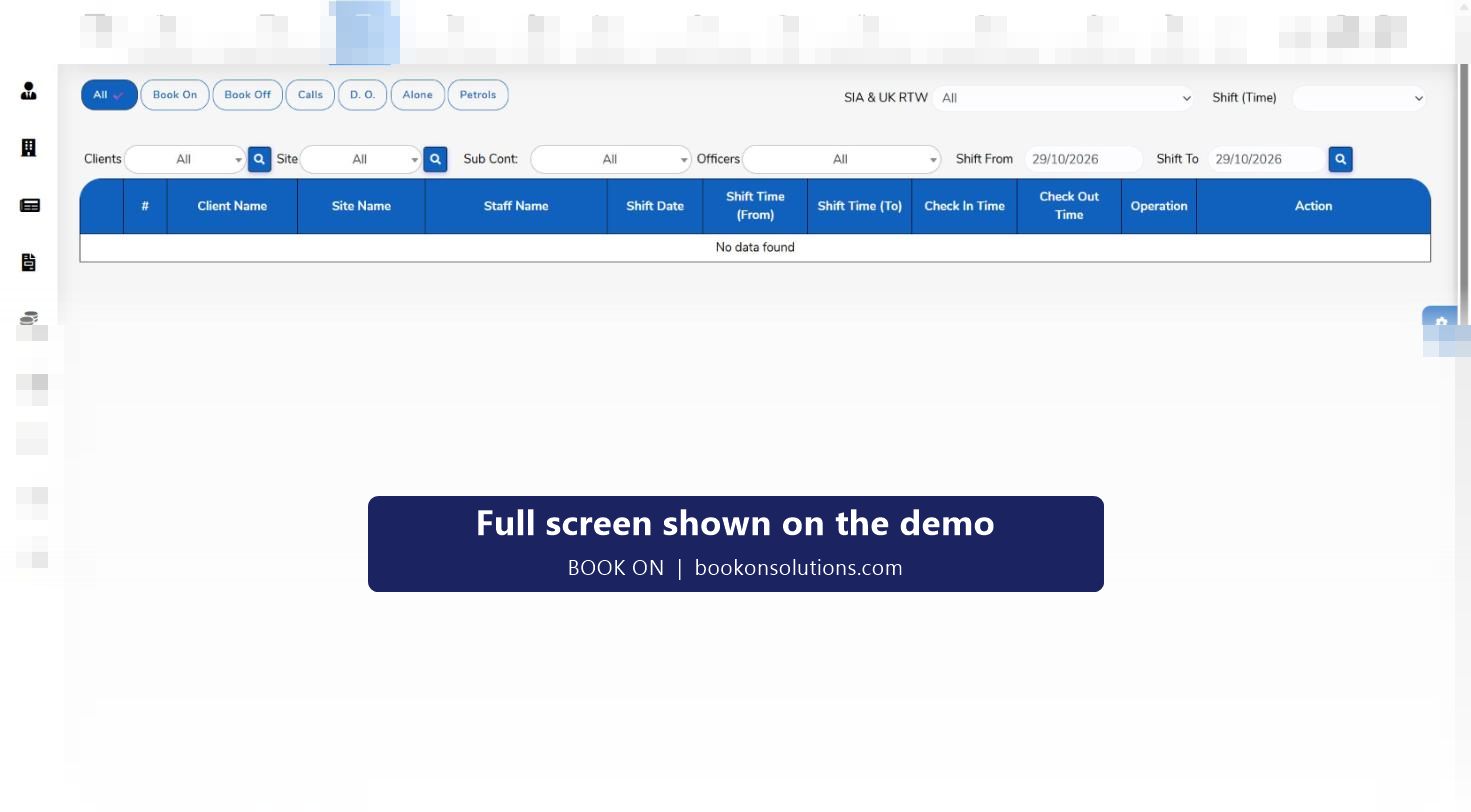 BOOK ON live monitor with Book On, Book Off, Calls, Daily Occurrence, Alone and Patrols filters