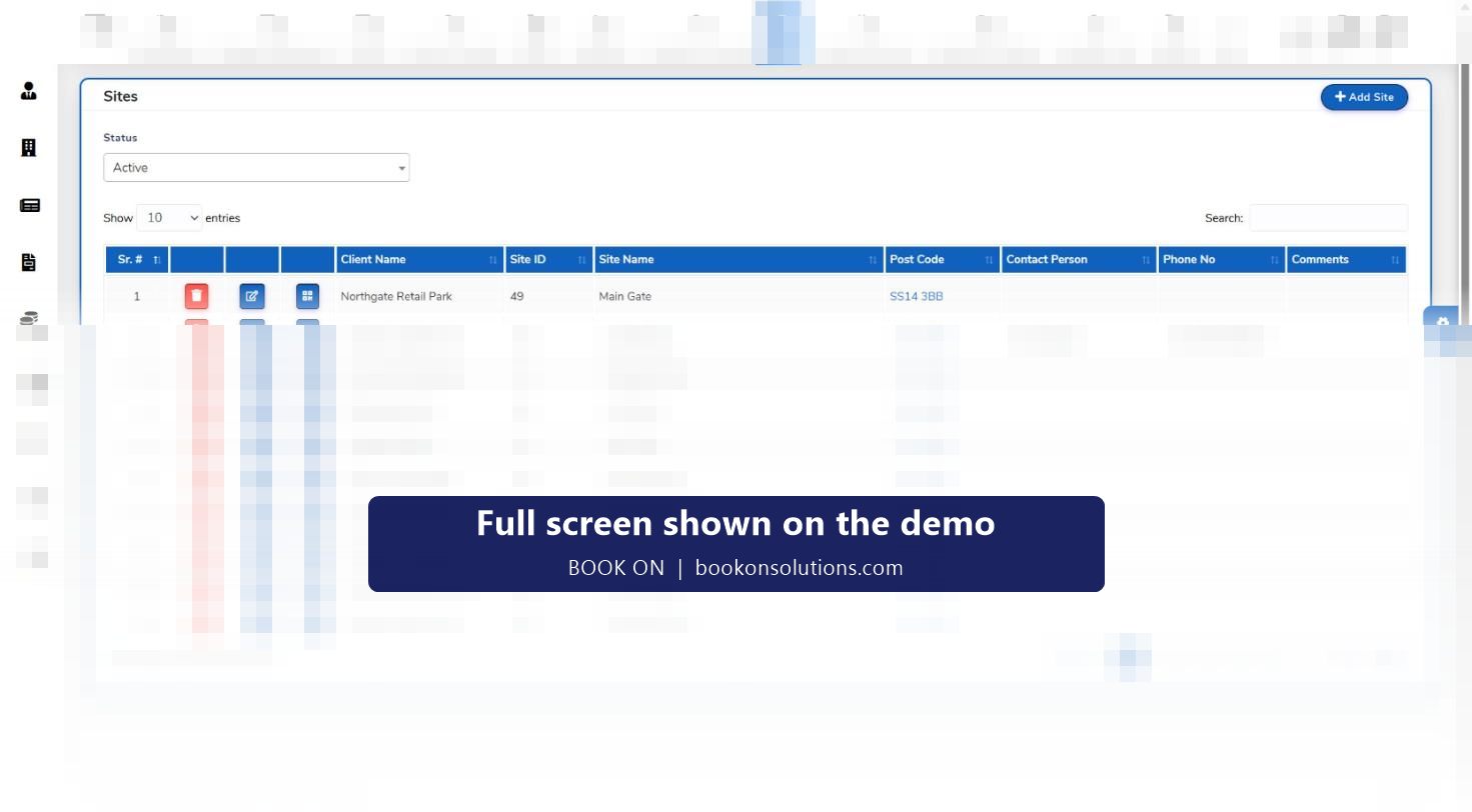 BOOK ON sites register with client, site ID, site name, postcode, contact and phone
