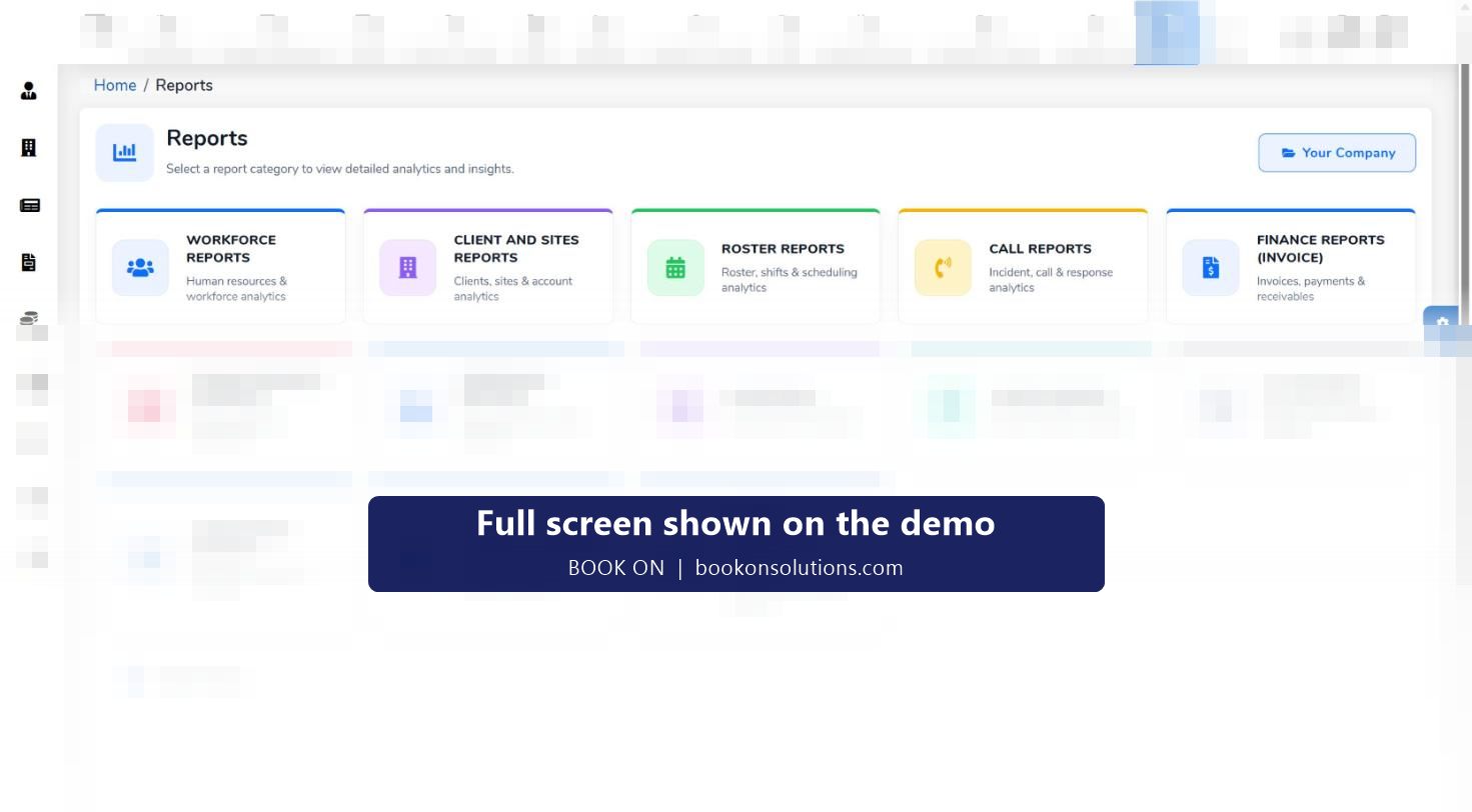 BOOK ON reports hub with thirteen report families from workforce and roster to finance, compliance and client dashboards