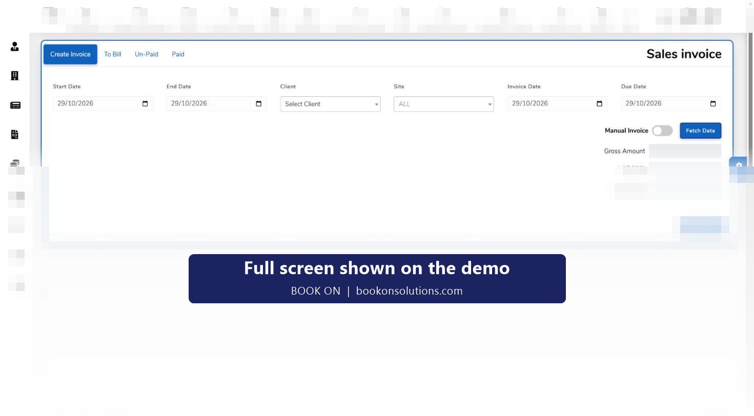 BOOK ON sales invoice screen with date range, client, site, VAT and a fetch from timesheets action