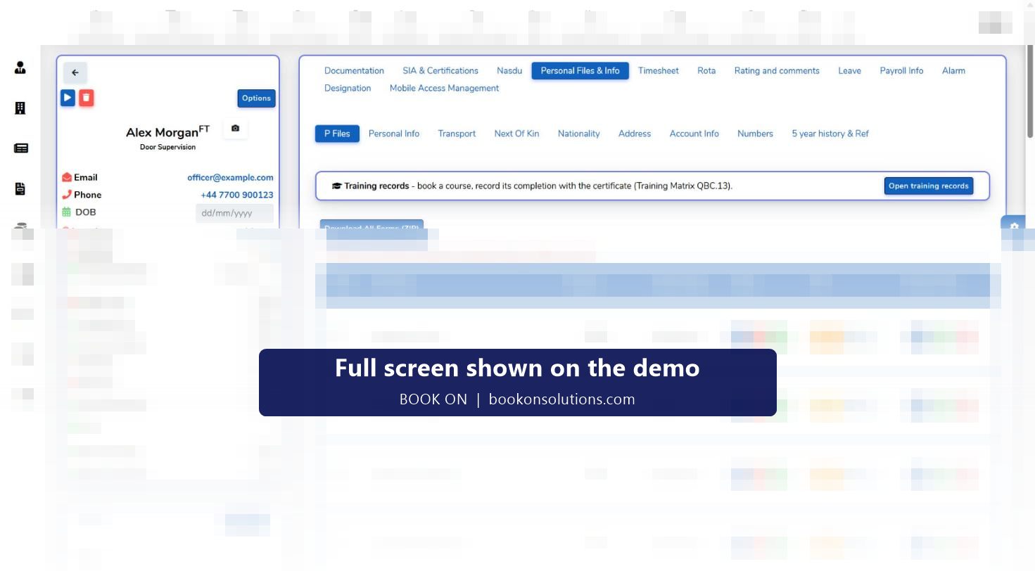 BOOK ON officer P-Files screen with progress rings showing the completeness of each section