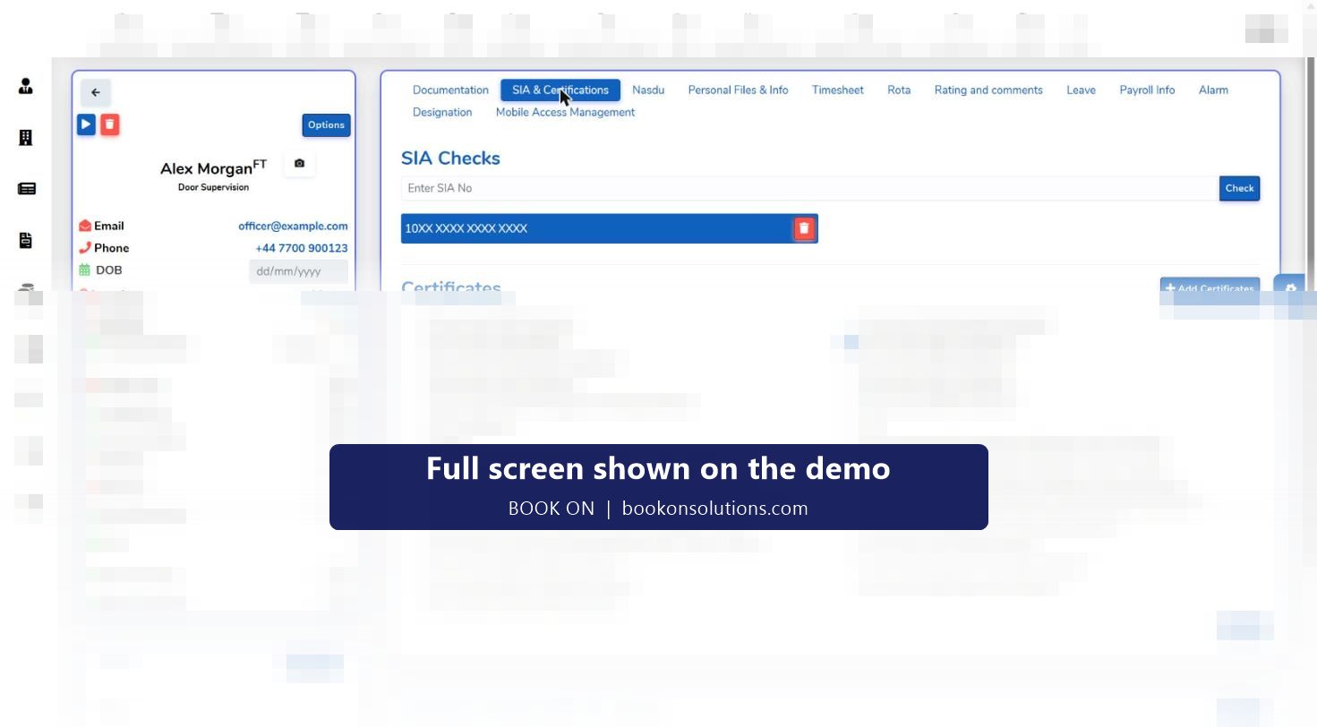 BOOK ON officer profile SIA and Certifications tab with a masked SIA number, a Check button and a 30-item certificate checklist