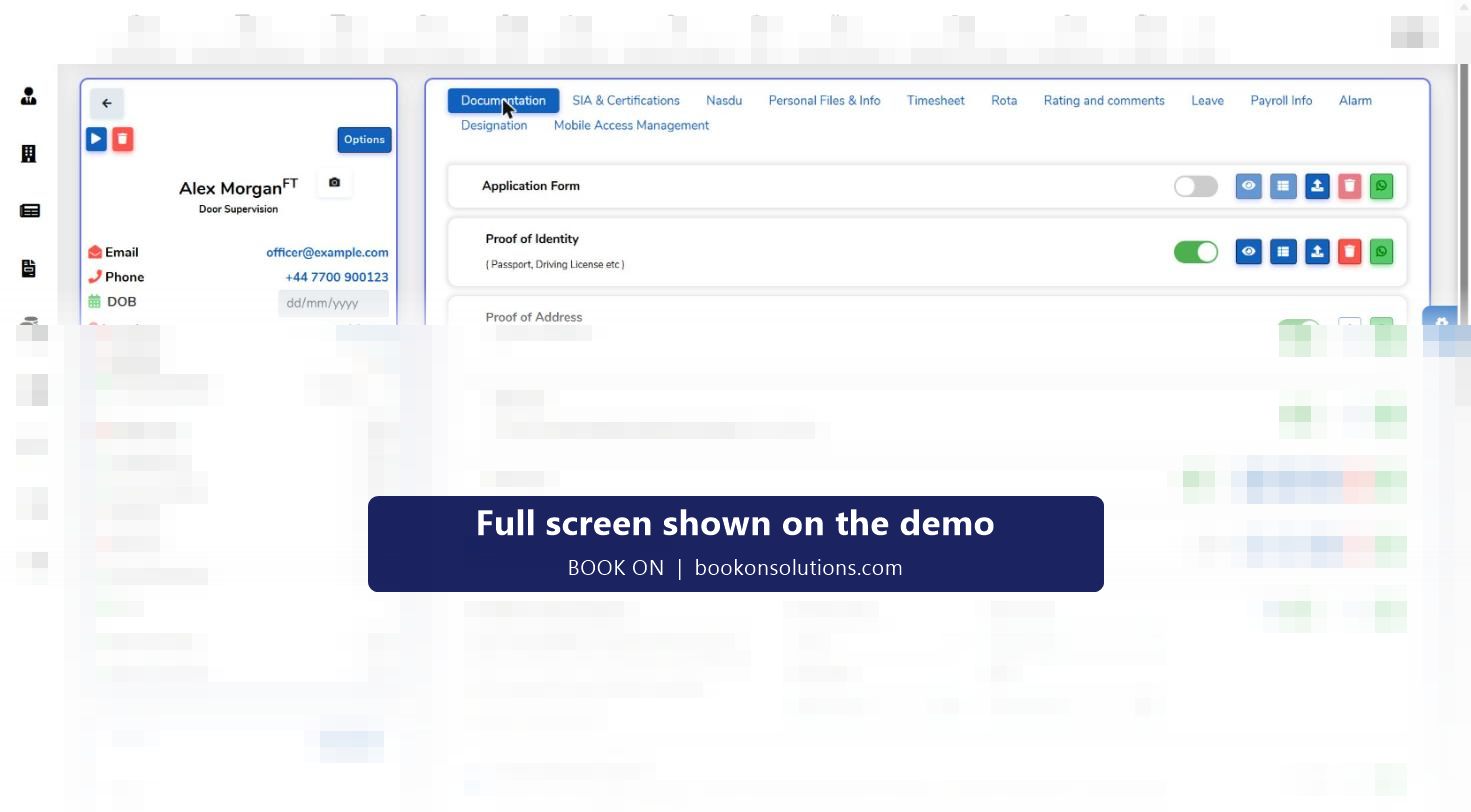 BOOK ON officer documentation checklist with proof of identity, proof of address, SIA card, SIA check, CV, UK right to work share code and five-year employment history items