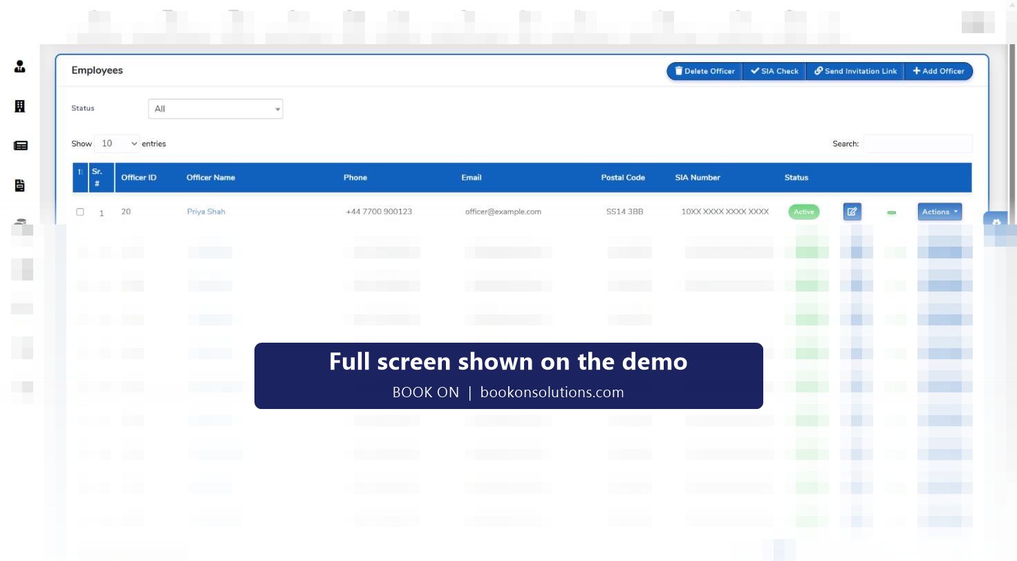 BOOK ON staff list with status, documents and training columns
