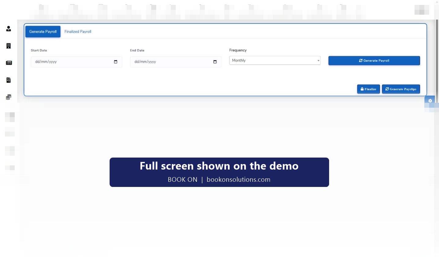 BOOK ON Generate Payroll screen with start and end date, frequency, Generate Payroll, Finalize and Generate Payslips actions and a Finalized Payroll tab