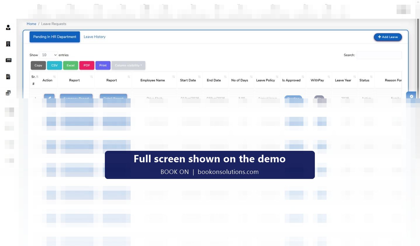 BOOK ON leave requests screen with employee, start and end date, number of days, leave policy, approval status, with-pay flag, leave year and status columns, and summary and detail report buttons