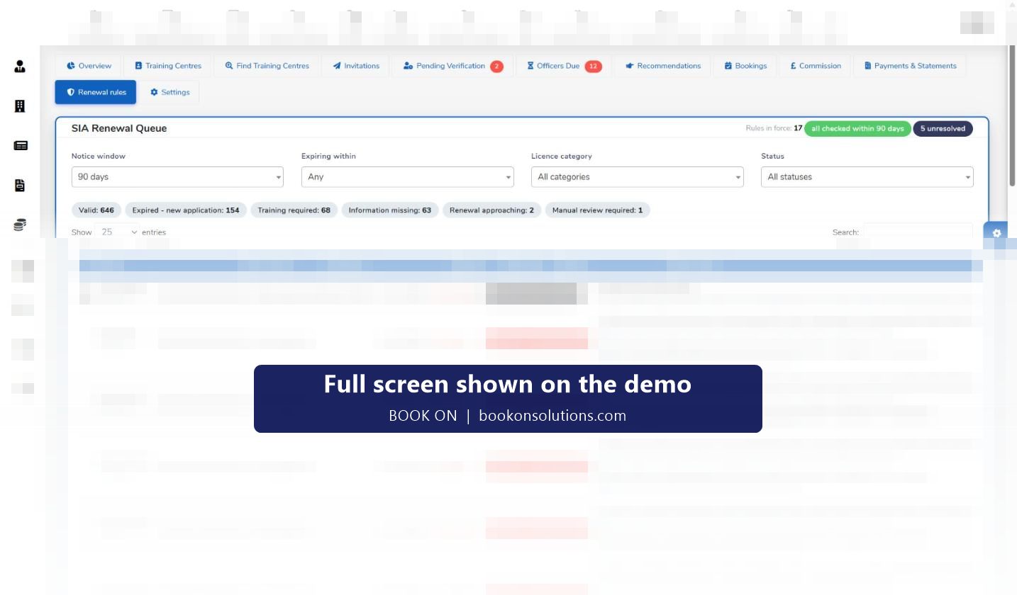 BOOK ON SIA Renewal Queue with filters, status counters for valid, expired, training required, information missing, renewal approaching and manual review, and a next action per officer