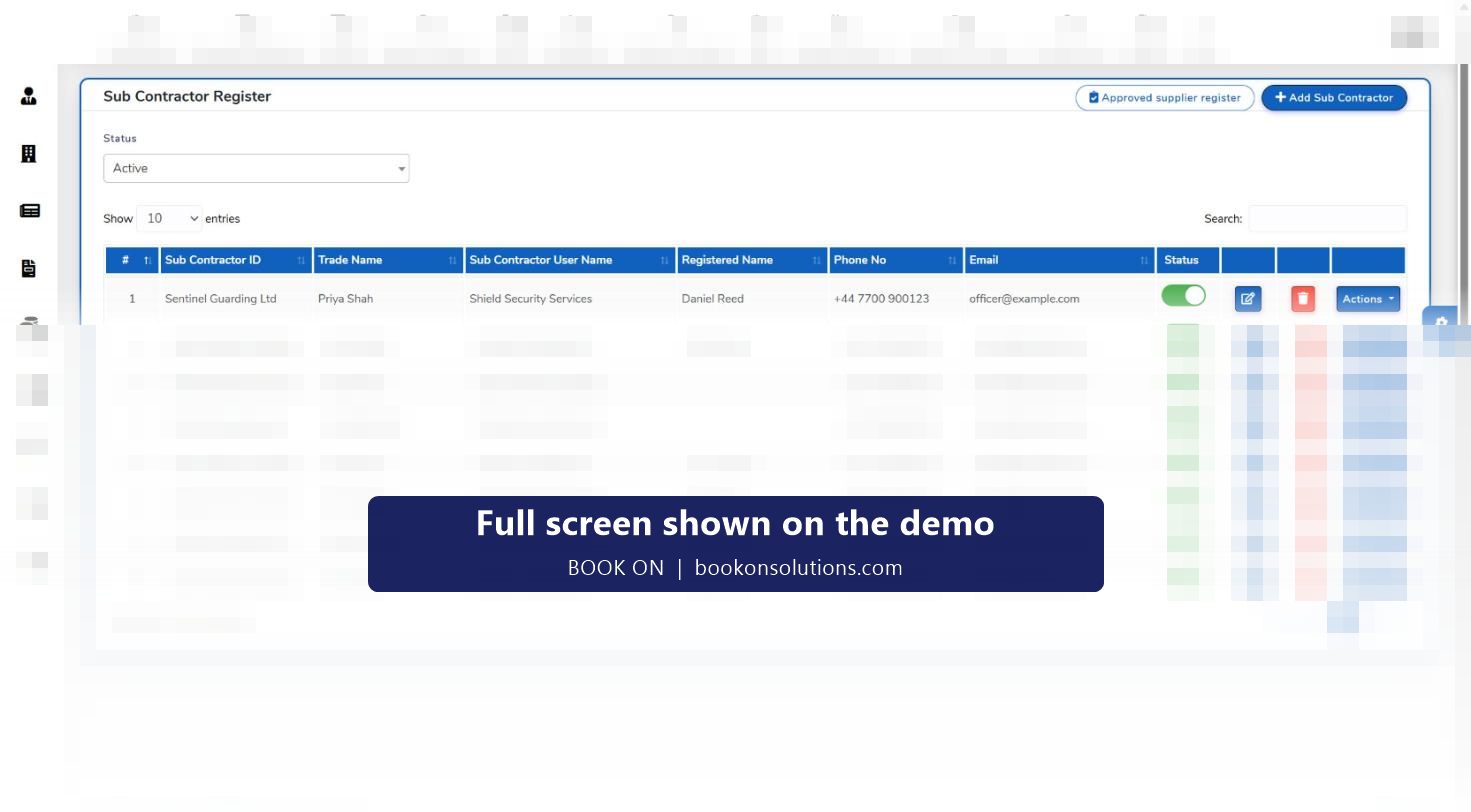 BOOK ON subcontractor register showing approved suppliers with status and documents