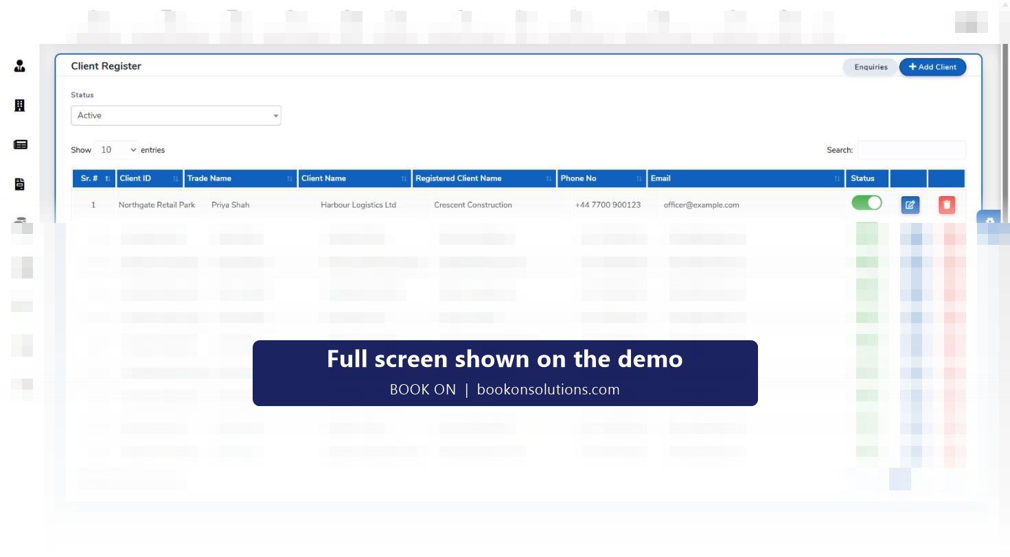 BOOK ON Client Register with client ID, trade name, client name, registered client name, phone, email, status toggle, an enquiries button and an add client action