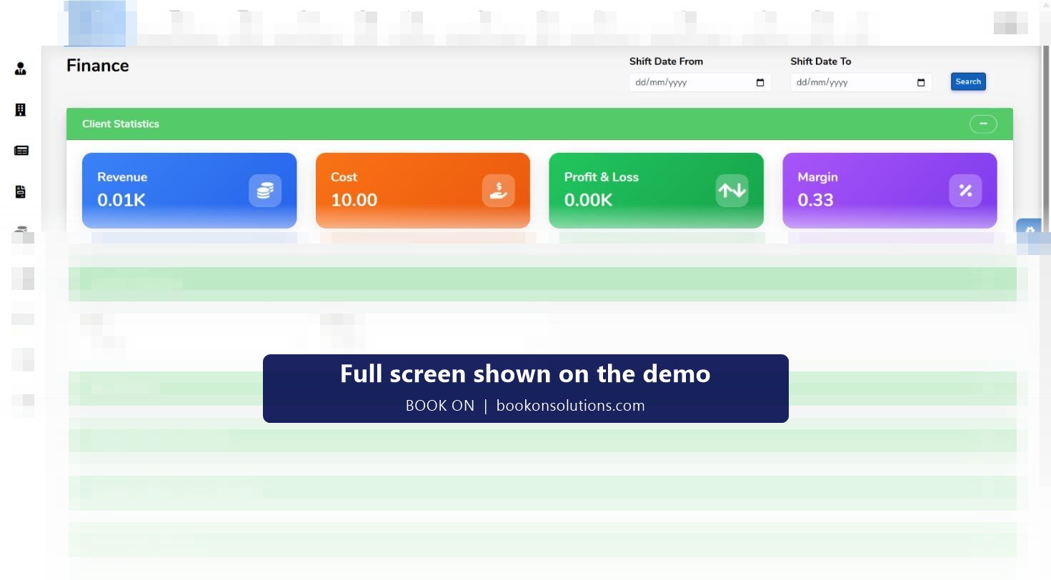 BOOK ON finance dashboard with revenue, cost, profit and loss and margin cards and collapsible summaries