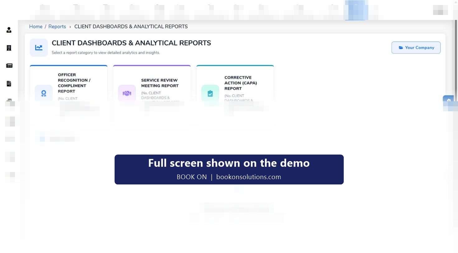 BOOK ON client dashboards and reports screen with service review and corrective action reports