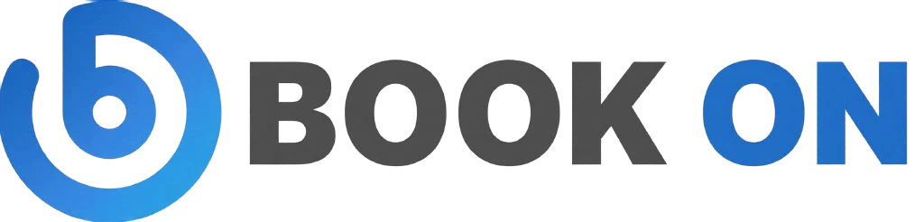 BOOK ON logo with a blue circular b symbol beside the wordmark